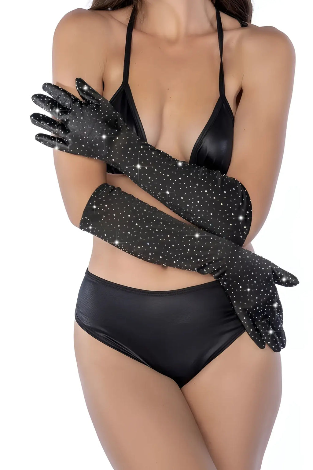 Black mapale 135 satin rhinestone opera gloves with sparkly white rhinestones for elegant formal wear