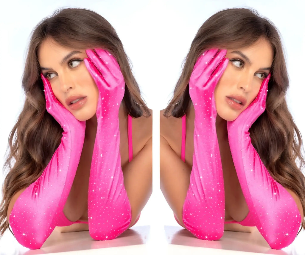 Mapale 135 bright pink satin rhinestone opera gloves with glossy finish and subtle glittery speckles