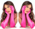 Mapale 135 bright pink satin rhinestone opera gloves with glossy finish and subtle glittery speckles