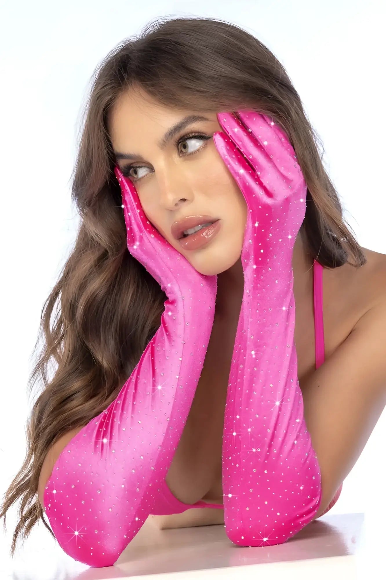 Bright pink satin opera gloves with rhinestone star pattern by mapale 135 for elegant evening wear