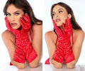 Mapale 135 red satin opera gloves with sparkling rhinestones for elegant formal wear