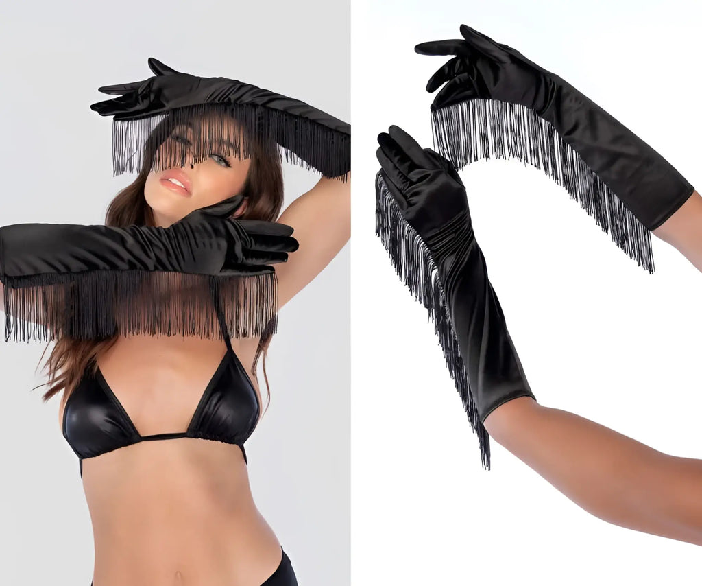 Black satin Mapale 136 opera gloves with fringe detail elegant evening accessory