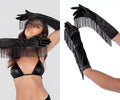 Black satin Mapale 136 opera gloves with fringe detail elegant evening accessory