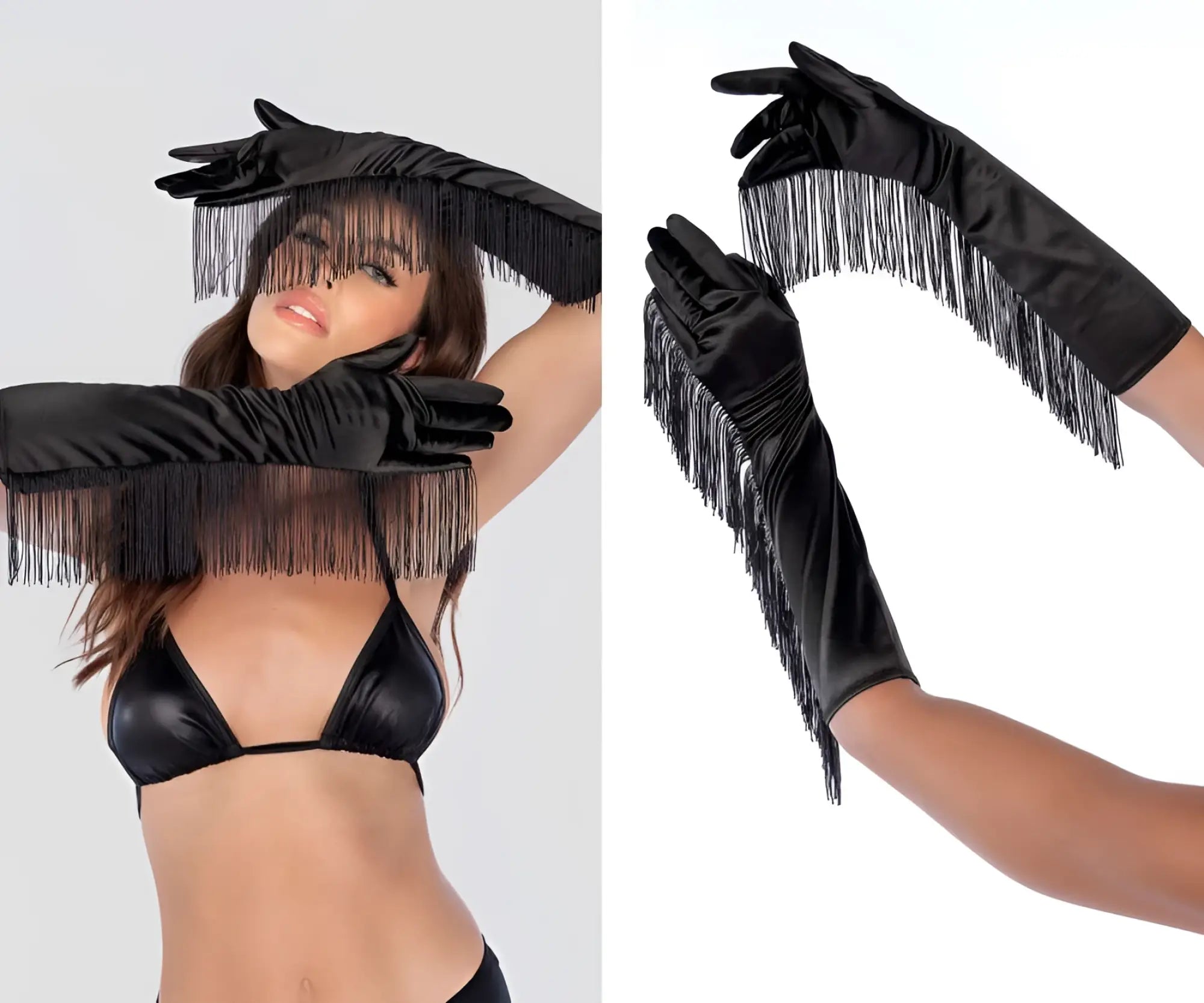 Black satin Mapale 136 opera gloves with fringe detail elegant evening accessory