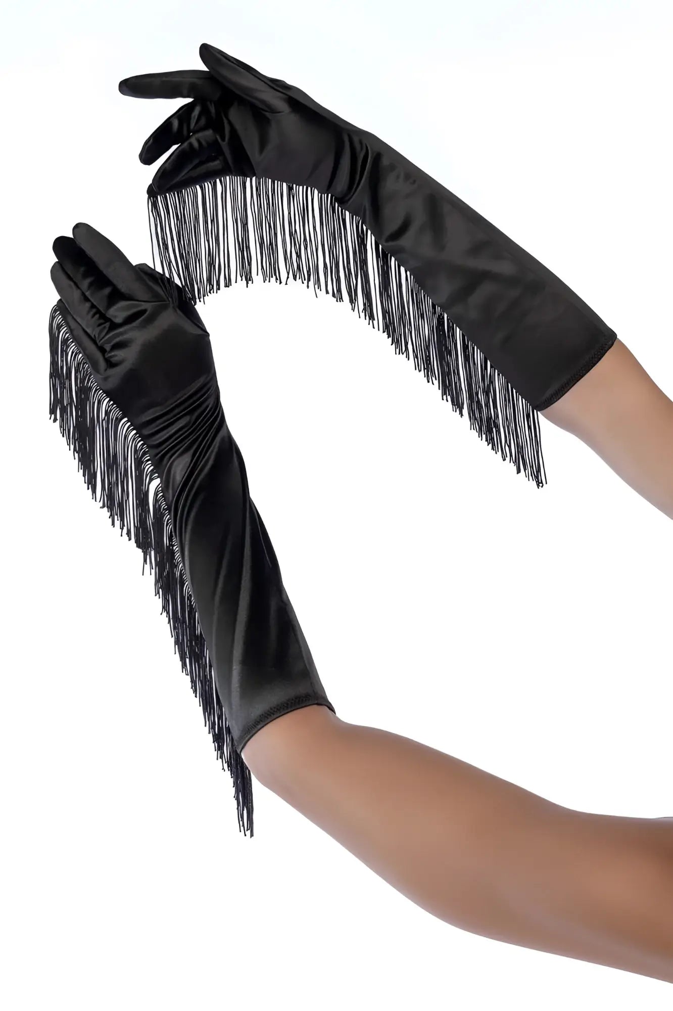 Mapale 136 black satin opera gloves with long flowing fringe detailing for elegant evening wear