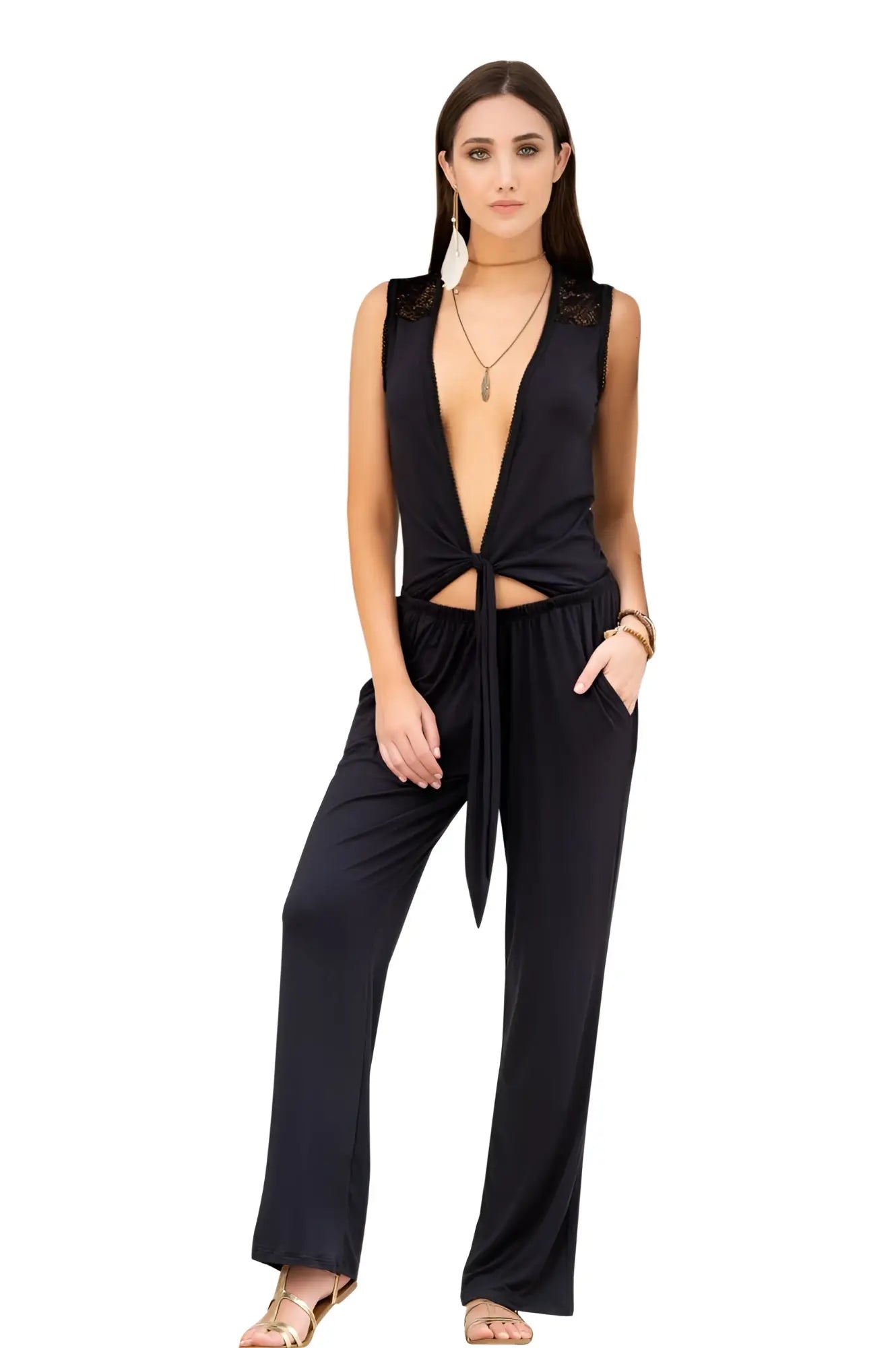 Black sleeveless jumpsuit by Mapale 1897 with lace shoulder detailing and a deep front tie closure
