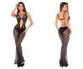 Black lace bodysuit with plunging neckline and flared legs from Mapale 1914 jumpsuit in black color