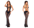 Black lace bodysuit with plunging neckline and flared legs from Mapale 1914 jumpsuit in black color