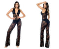 Black lace bodysuit with halter neckline and flared legs by mapale 1916 jumpsuit in black color