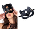 Black faux leather eye mask with cat ears and metallic studs by Mapale featuring adjustable straps