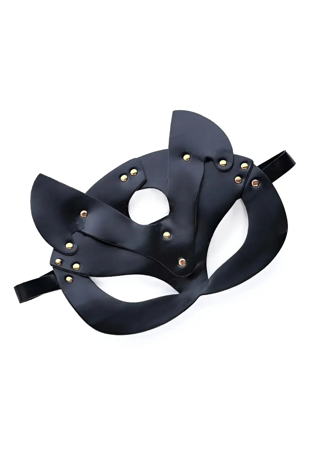Black leather cat mask by mapale 196 with gold-tone studs and adjustable straps for a secure fit