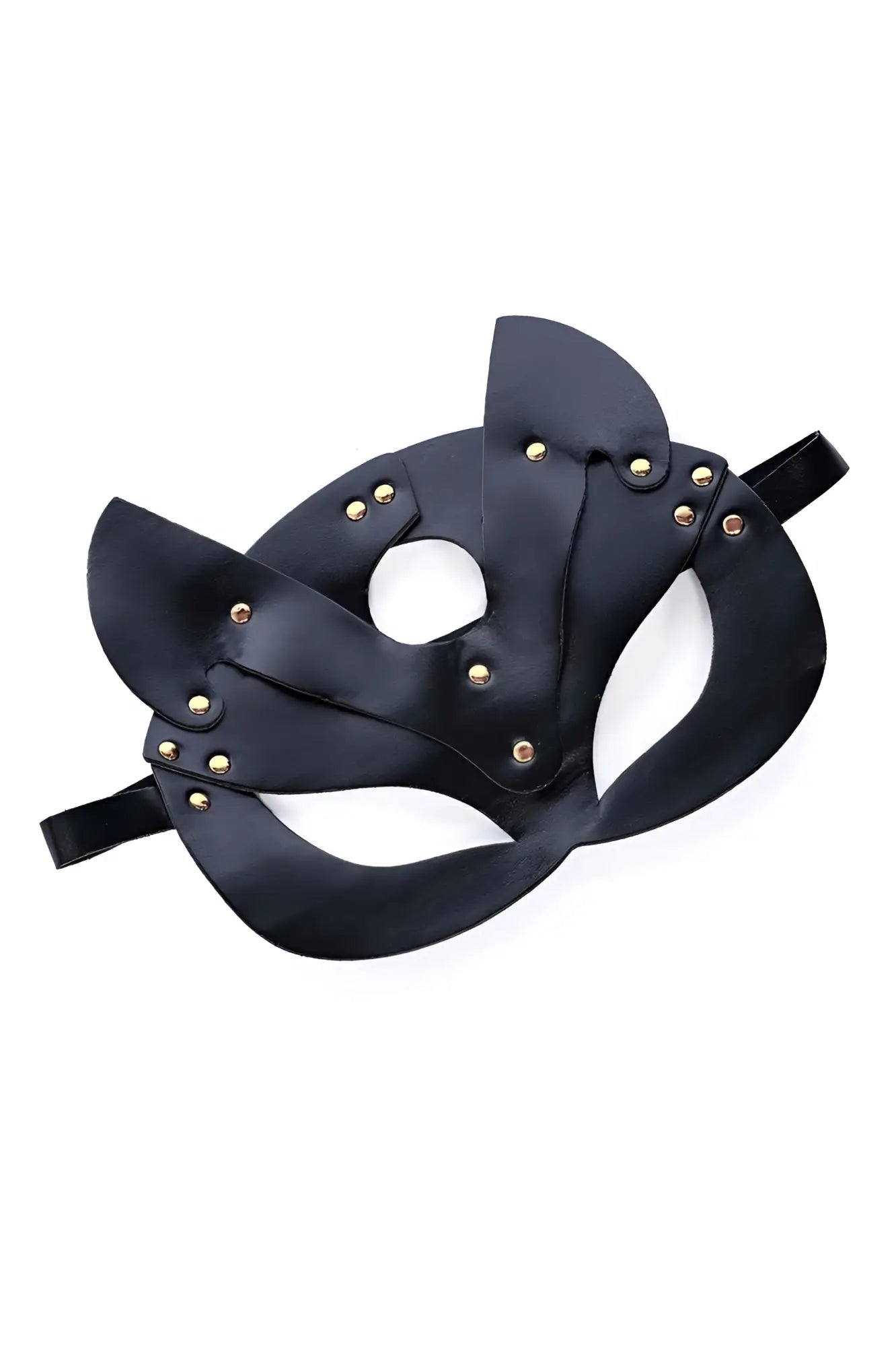 Black leather cat mask with gold-tone studs and adjustable straps from mapale 196 faux leather eye mask collection