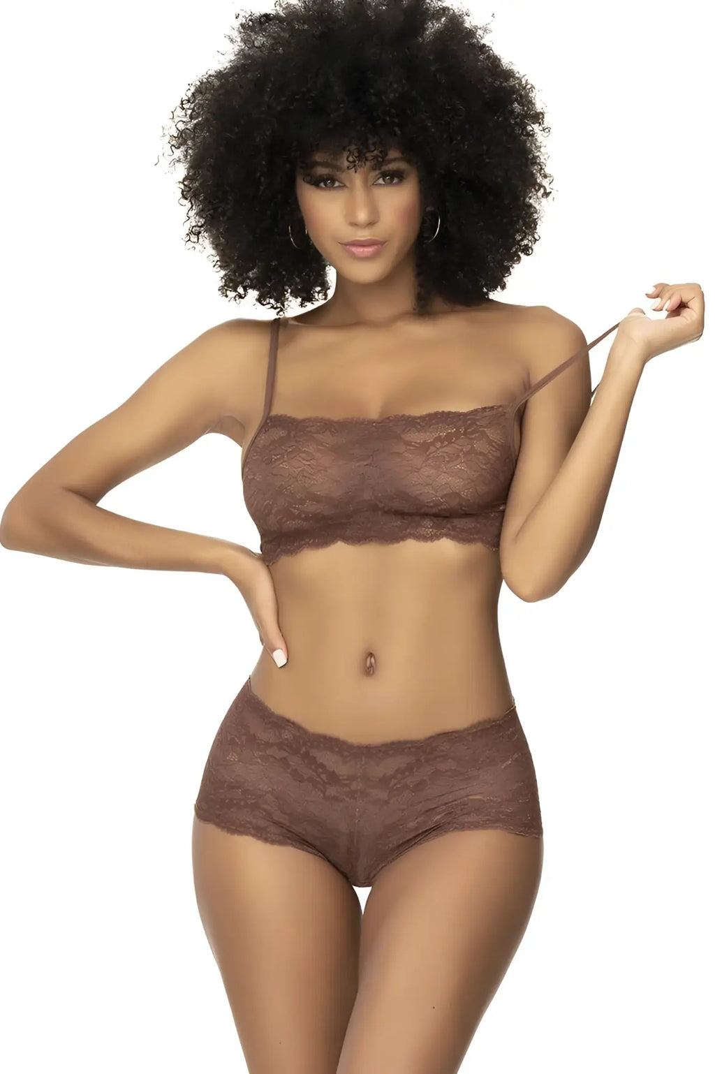 Brown lace bra and matching high-waisted panties set in cocoa color from mapale 206 panty and top lace set