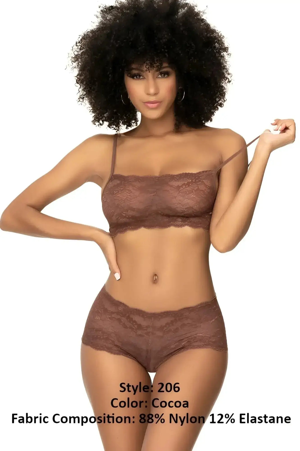 Mapale 206 panty and top lace set in cocoa features a cocoa-colored lace bra and matching high-waisted panties