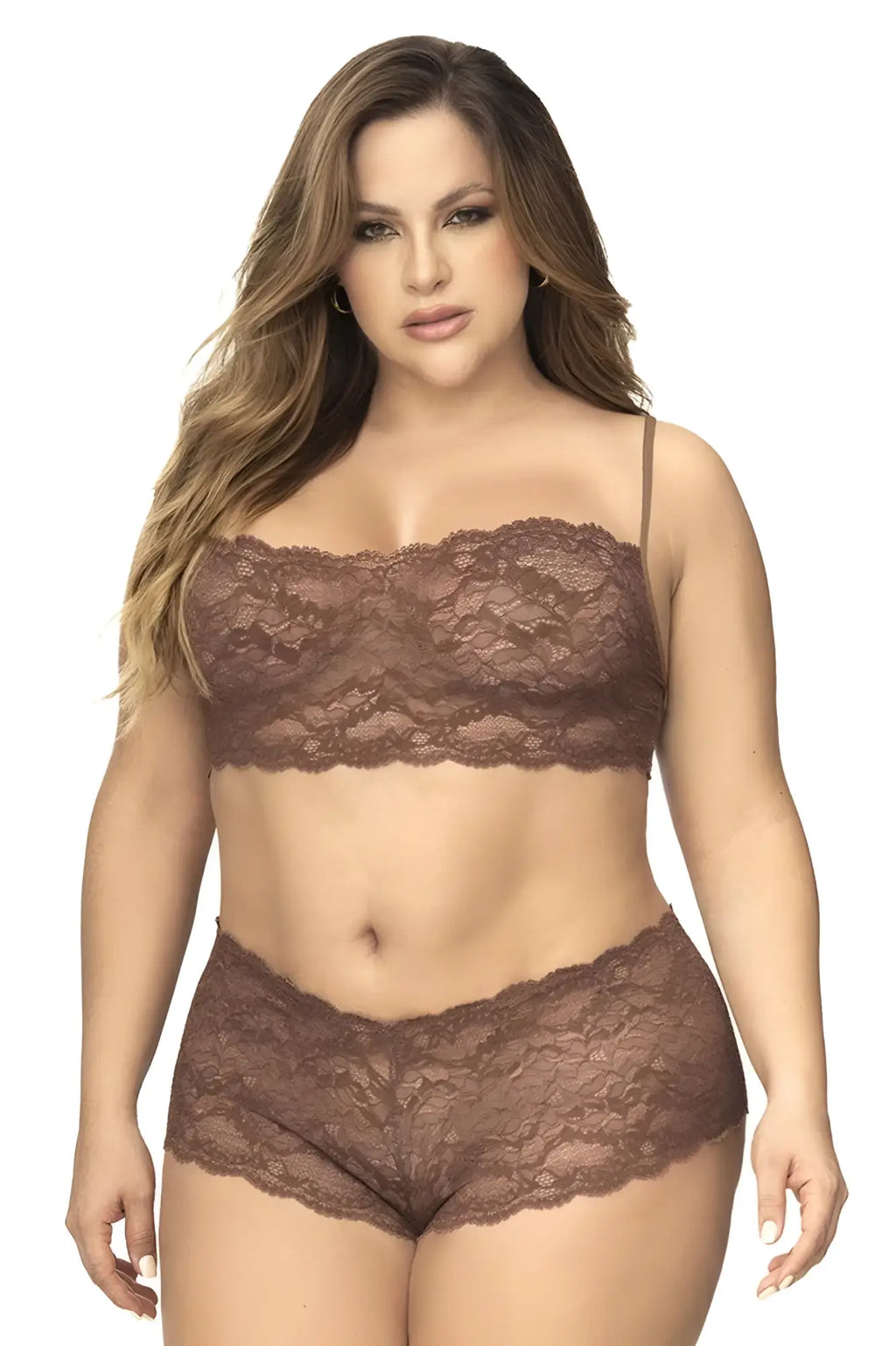 Brown lace bra and matching high-waisted panties set in cocoa color from mapale 206x panty and top lace set