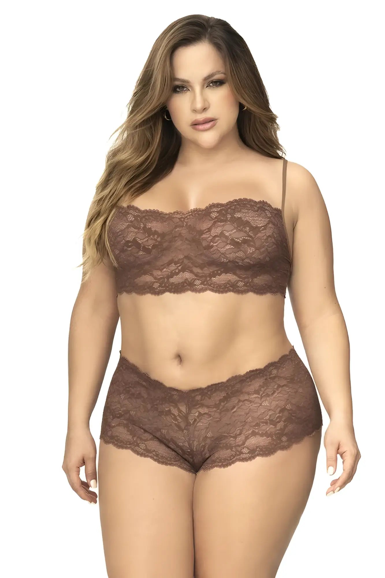 Mapale 206x panty and top lace set in cocoa brown featuring a brown lace bra and matching high-waisted panties