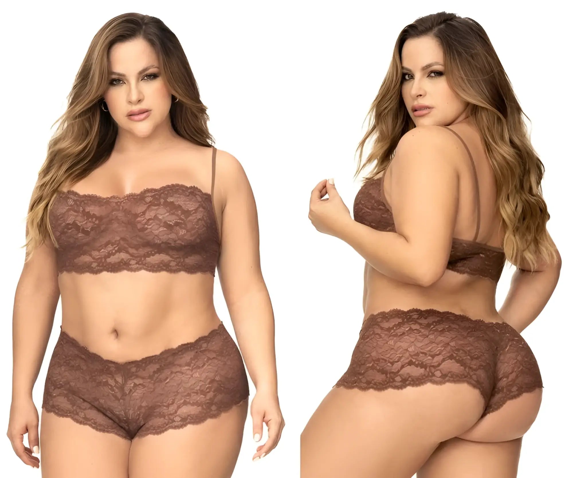 Brown lace lingerie set with intricate floral patterns and delicate spaghetti straps in cocoa by mapale 206x