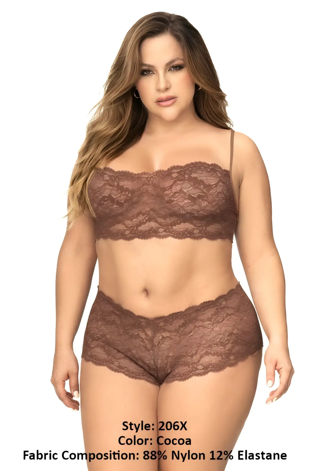 Mapale 206x panty and top lace set in cocoa color featuring intricate floral patterns and delicate spaghetti straps