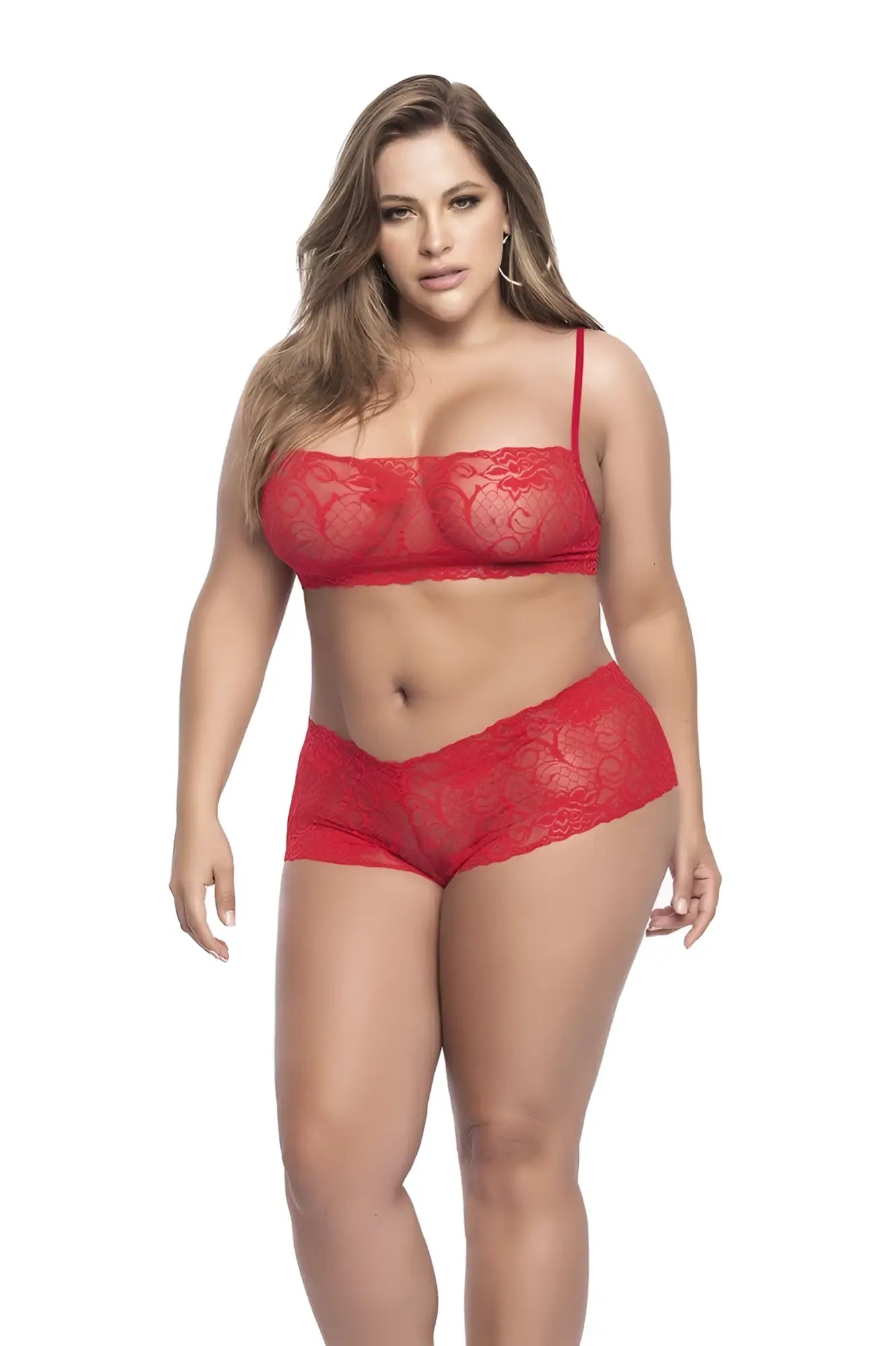Red lace bra and matching panties set by Mapale featuring intricate lace detailing in vibrant red color