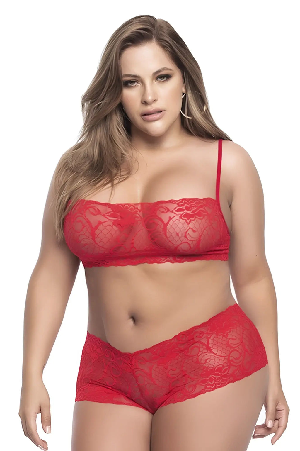 Red lace bra and matching panties set by Mapale featuring intricate lace design in vibrant red color