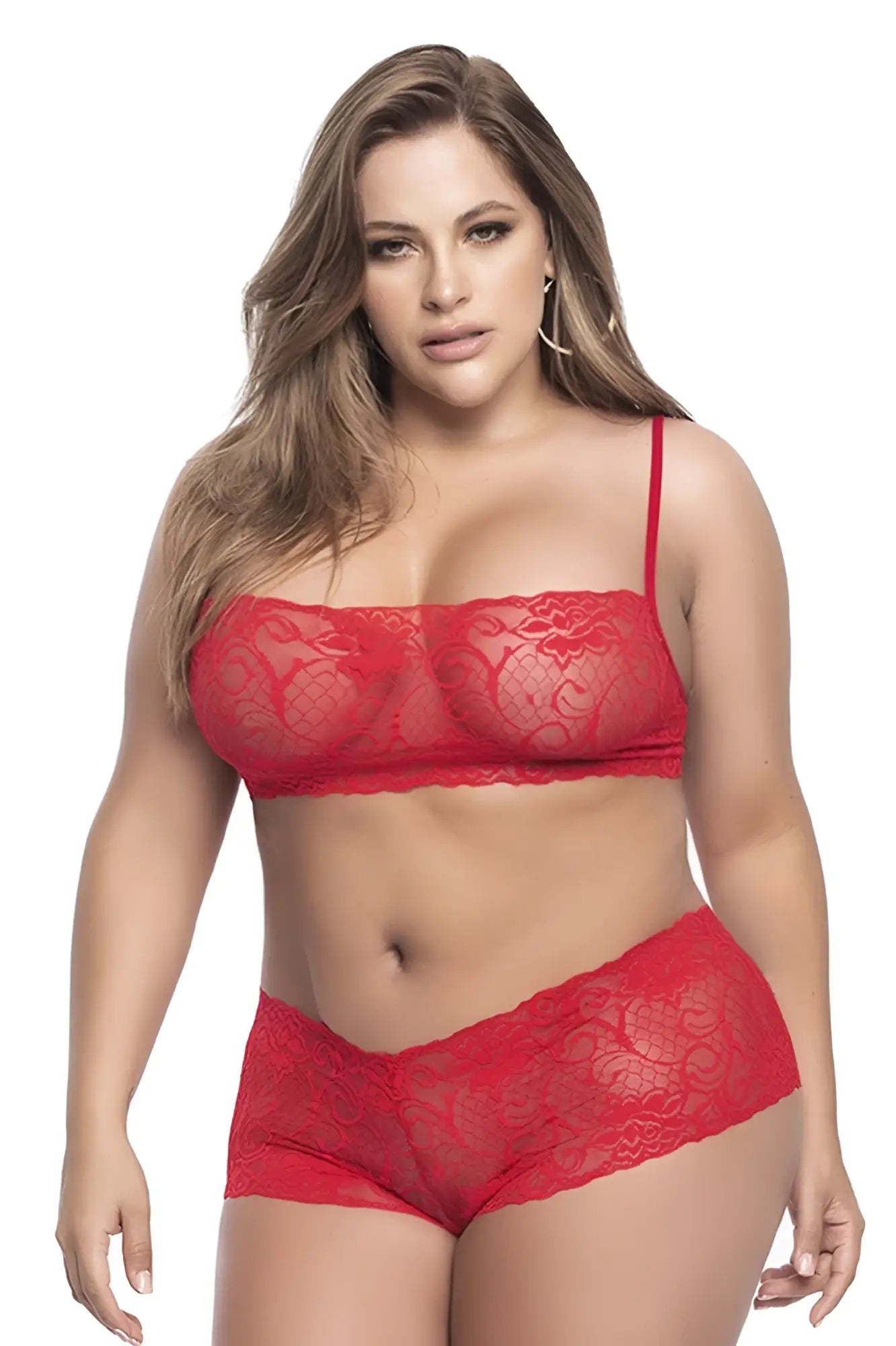 Red lace bra and matching panties set by Mapale featuring intricate lace design in vibrant red color