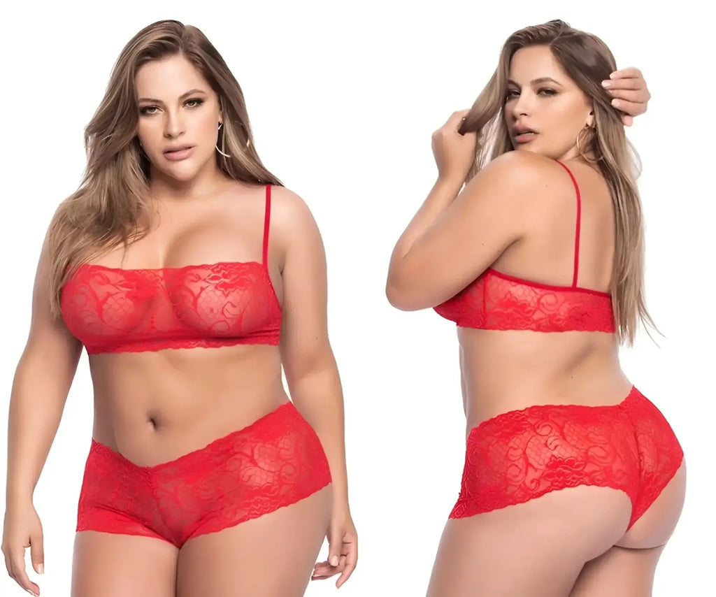 Red lace lingerie set from Mapale 206X with intricate floral patterns and thin straps in vibrant red color