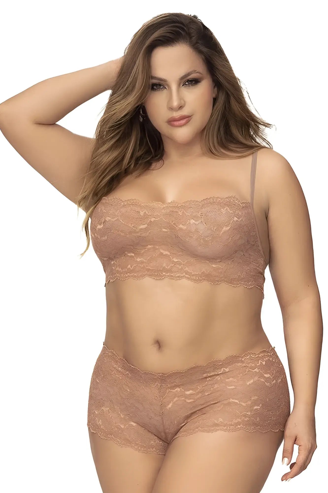 Beige lace bra and matching shorts set in taupe color by mapale featuring delicate lace material for intimate wear