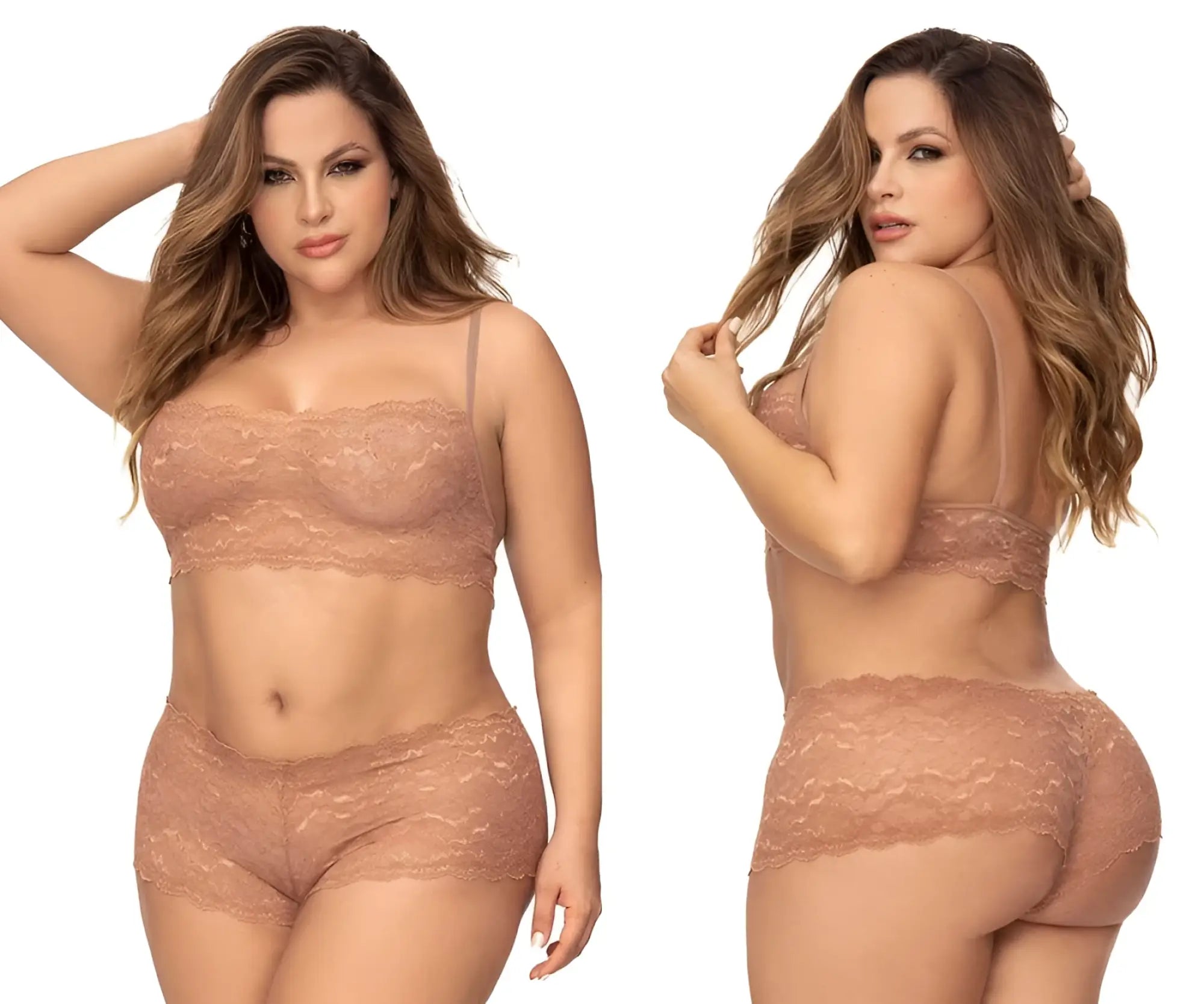 Beige lace lingerie set mapale 206X featuring a bra with thin straps and high-waisted briefs with floral patterns