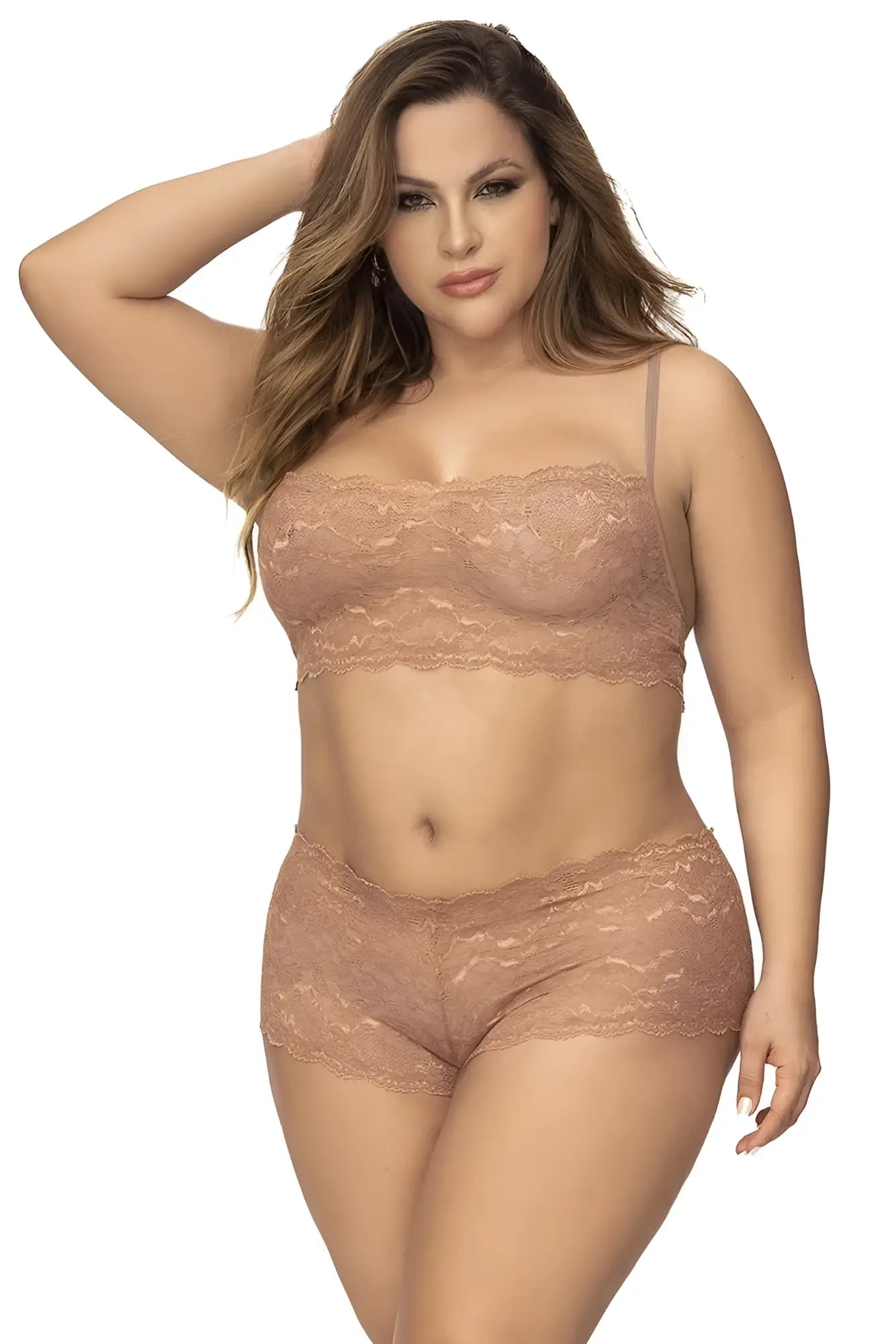 A delicate taupe lace bra and matching high-waisted panty set with intricate floral patterns by Mapale 206X
