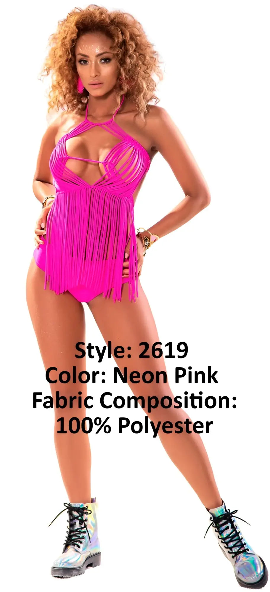 Neon pink one-piece swimsuit with fringe and halter neckline made of 100 percent polyester by mapale