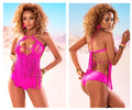 Vibrant pink fringe one-piece swimsuit with halter neck and back tie details from Mapale 2619 two piece set neon pink
