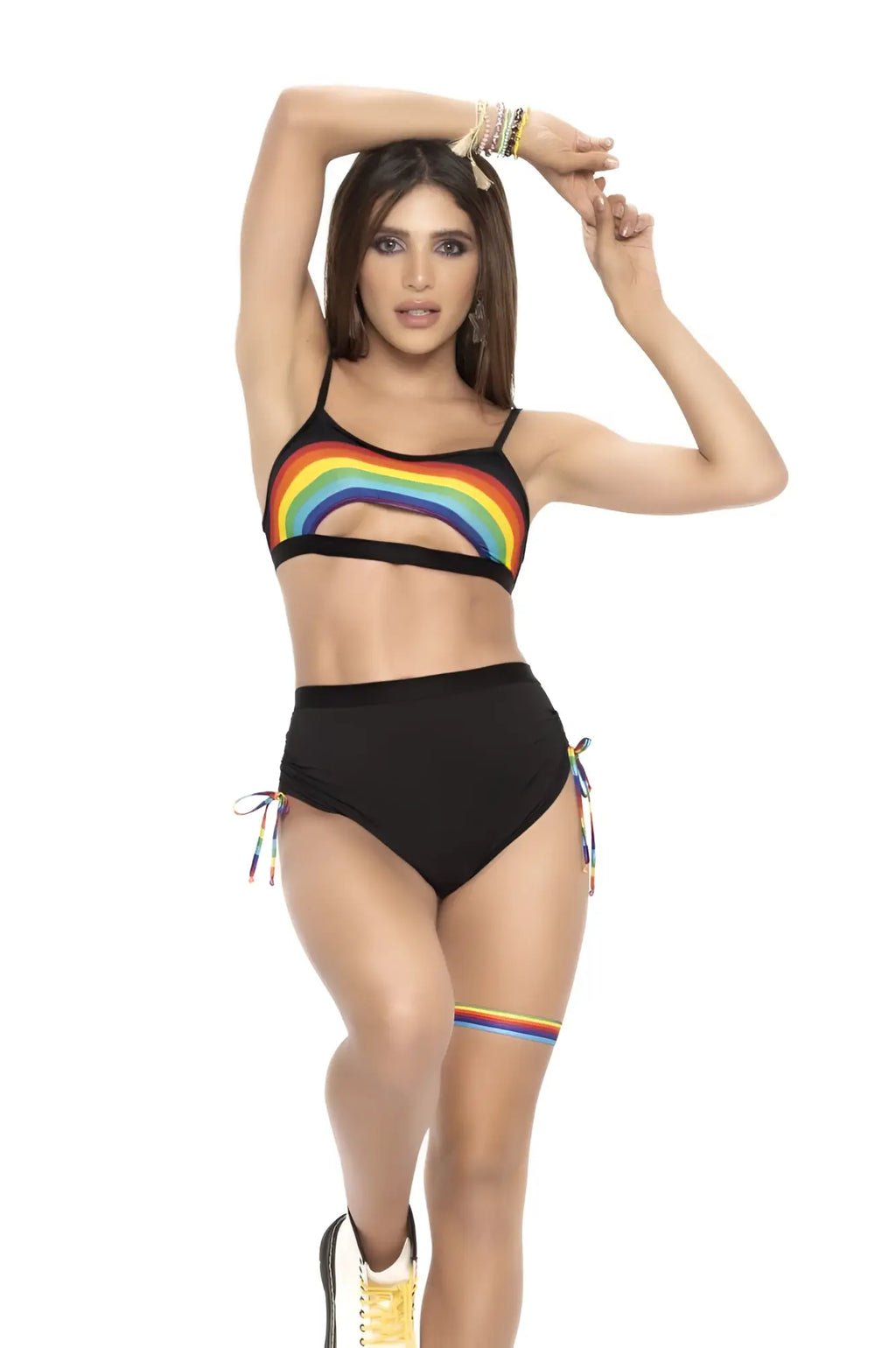 Mapale 2689 two piece set black bikini with rainbow arc top and high waisted bottom with side ties