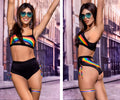 Black mapale 2689 two piece bikini set with rainbow-colored straps and side ties for stylish swimwear looks
