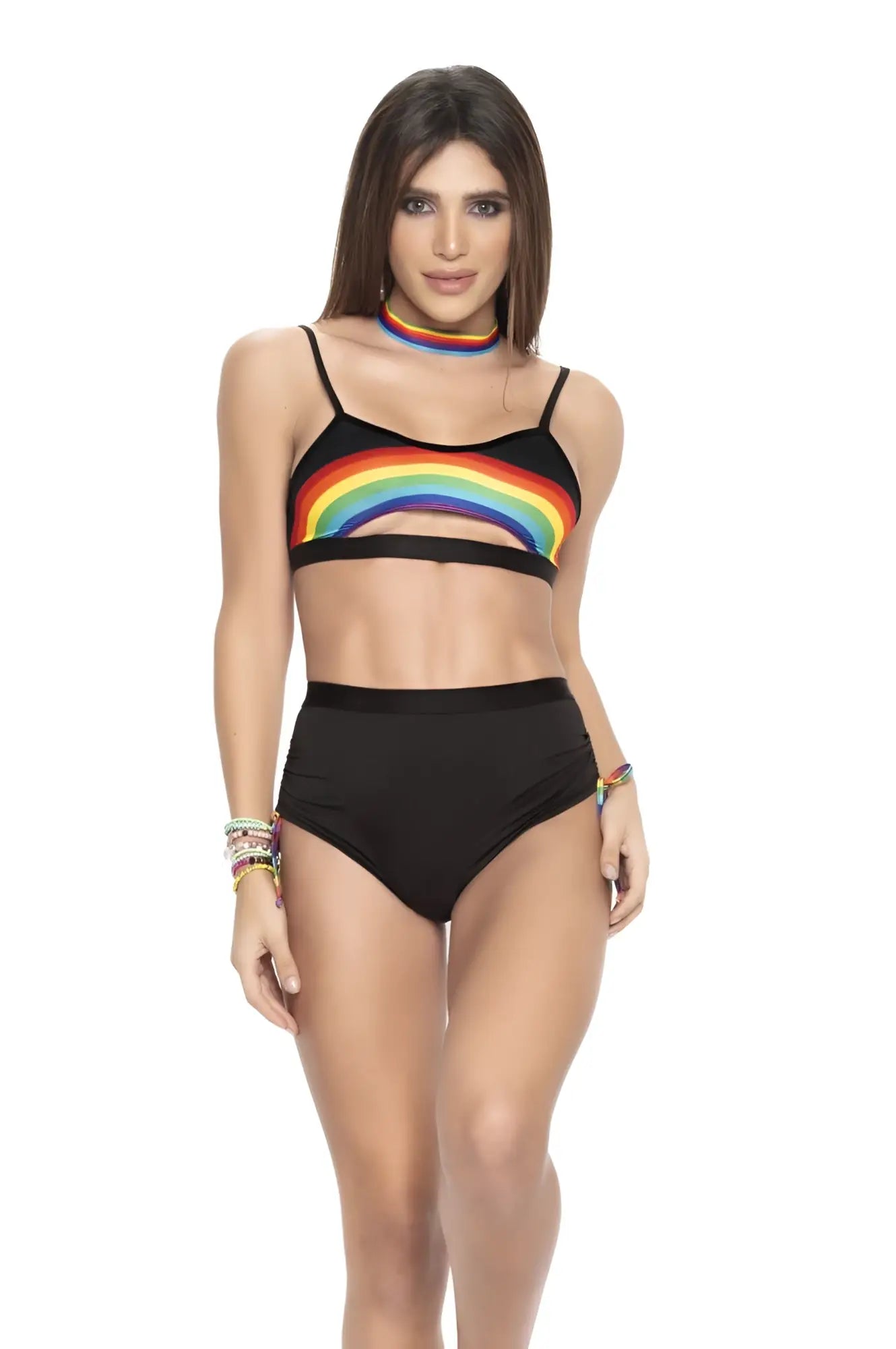 Black Mapale 2689 two piece set bikini top with vibrant rainbow arch design across the front