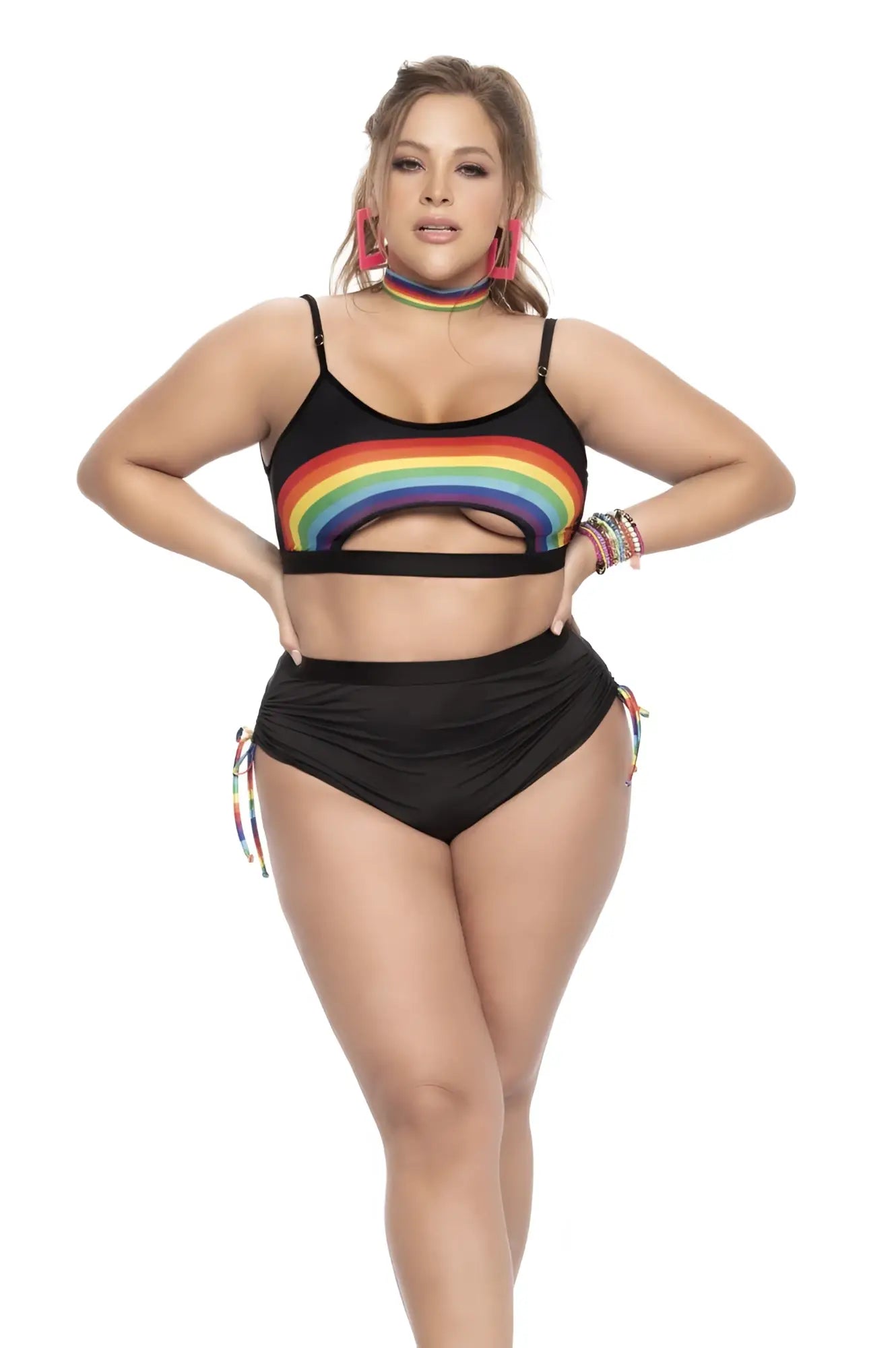 Black bikini two piece set by mapale with rainbow stripe top and matching tie-side bottoms in color black
