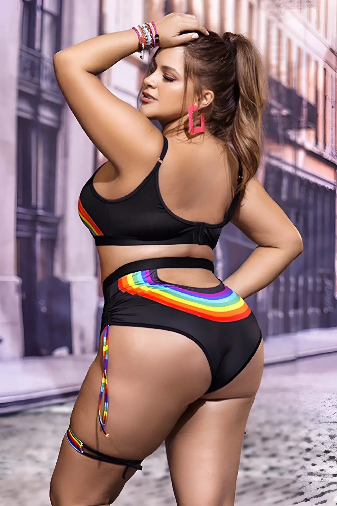 Mapale 2689x black bikini set with vibrant rainbow stripe waistband and matching beaded ties in two piece style