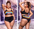 Mapale 2689x black two-piece swimsuit with rainbow arc and matching rainbow-striped side ties shown from the back