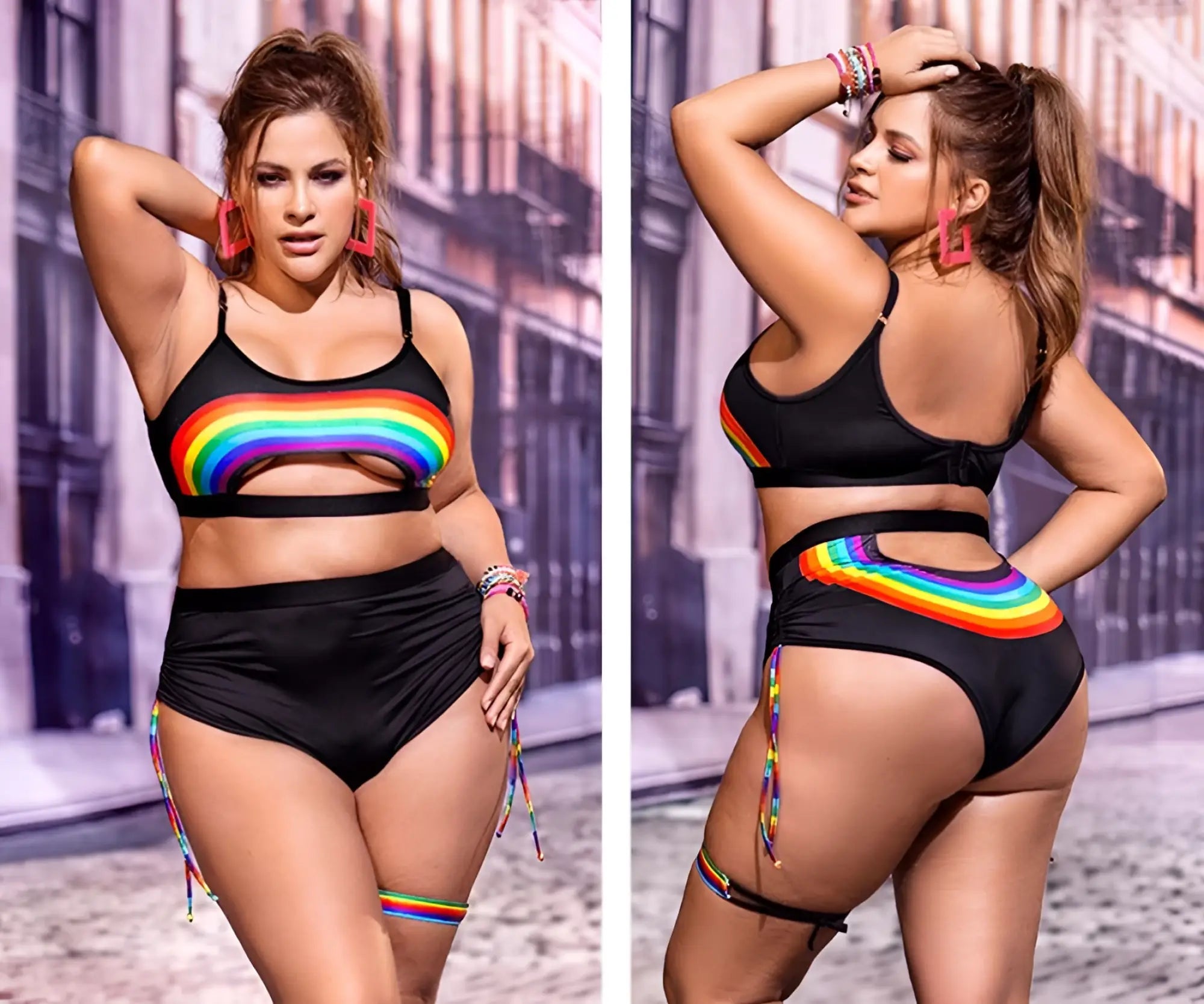 Mapale 2689x black two-piece swimsuit with rainbow arc and matching rainbow-striped side ties shown from the back