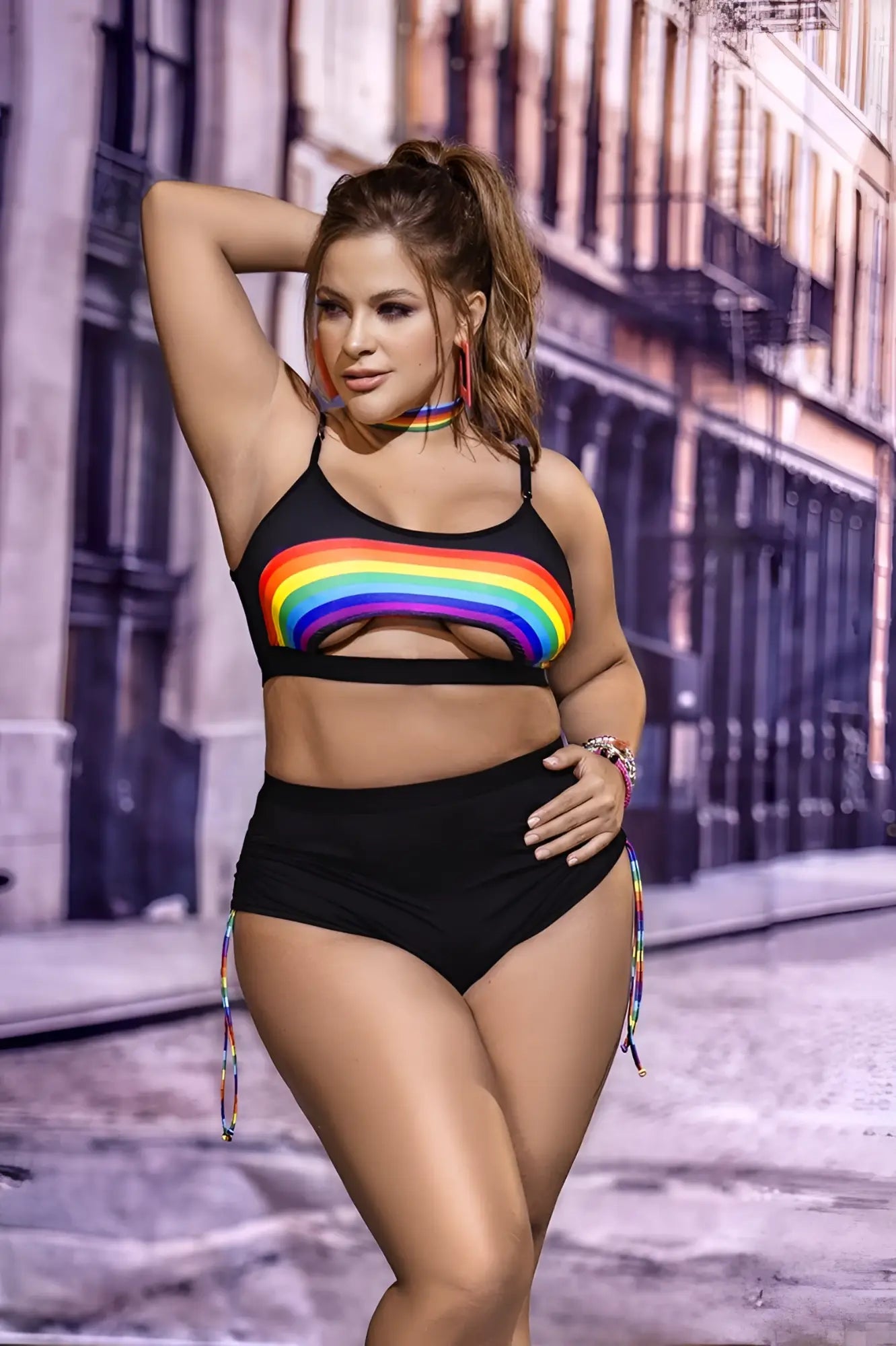 Mapale 2689X two piece set black swimsuit with rainbow stripe top and matching rainbow side ties