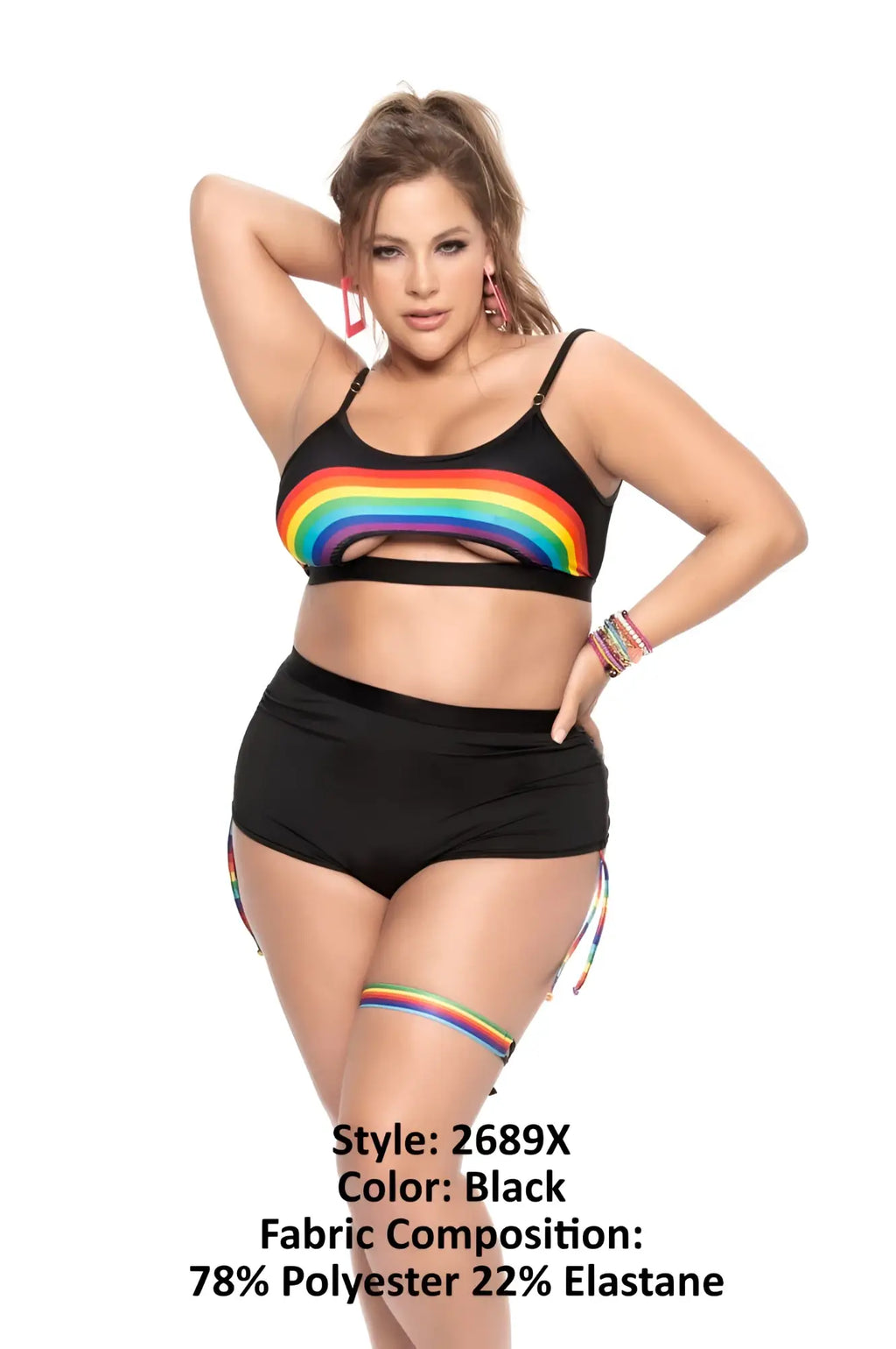 Black mapale 2689x two piece swimwear set with rainbow stripe accents on top and leg ties