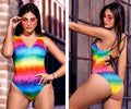 Mapale 2692 bodysuit color pixel rainbow print one-piece swimsuit with v-neck and back crisscross straps in geometric pattern