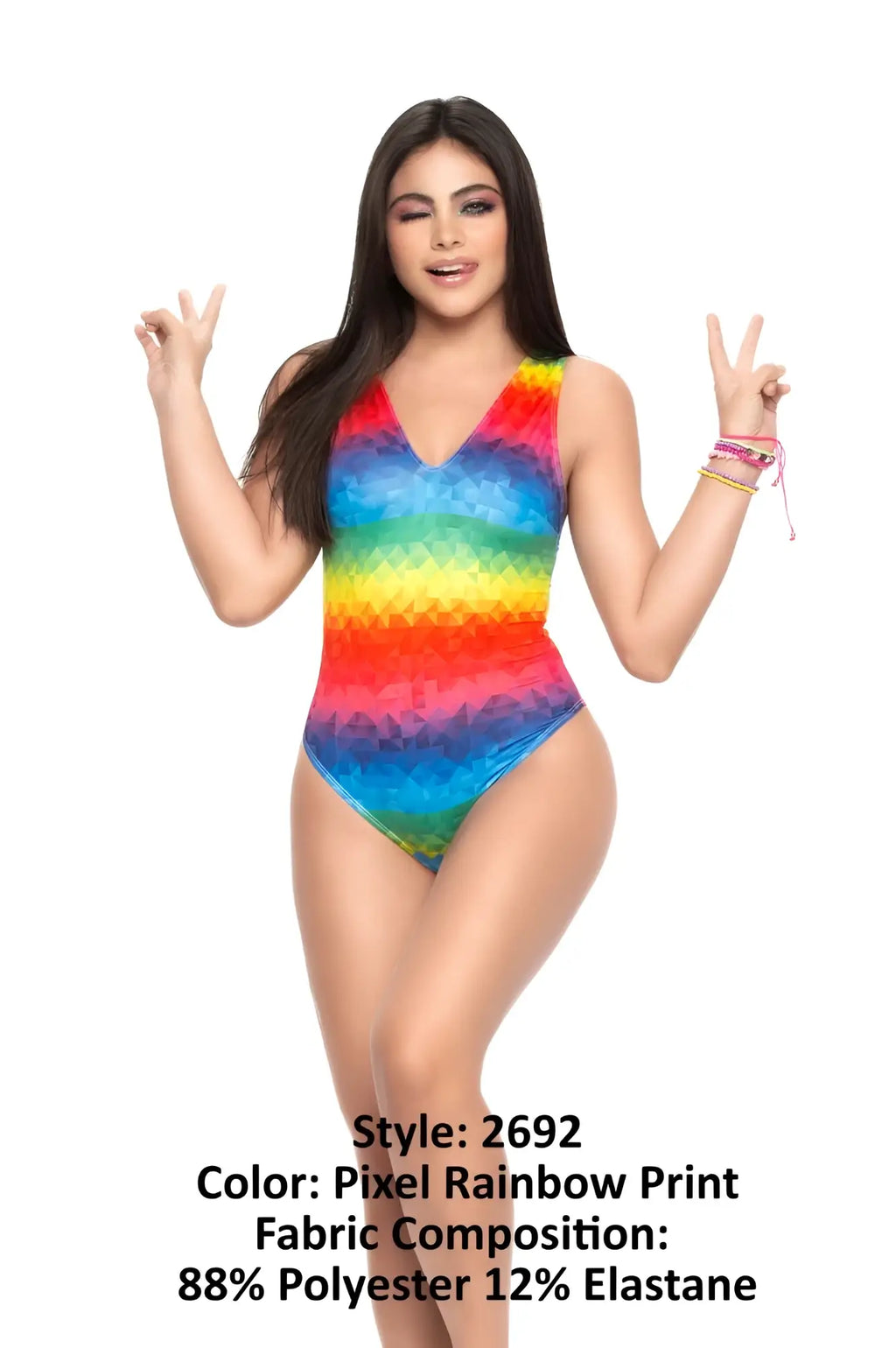 Mapale 2692 bodysuit rainbow pixel print one-piece swimsuit in 88% polyester and 12% elastane front view