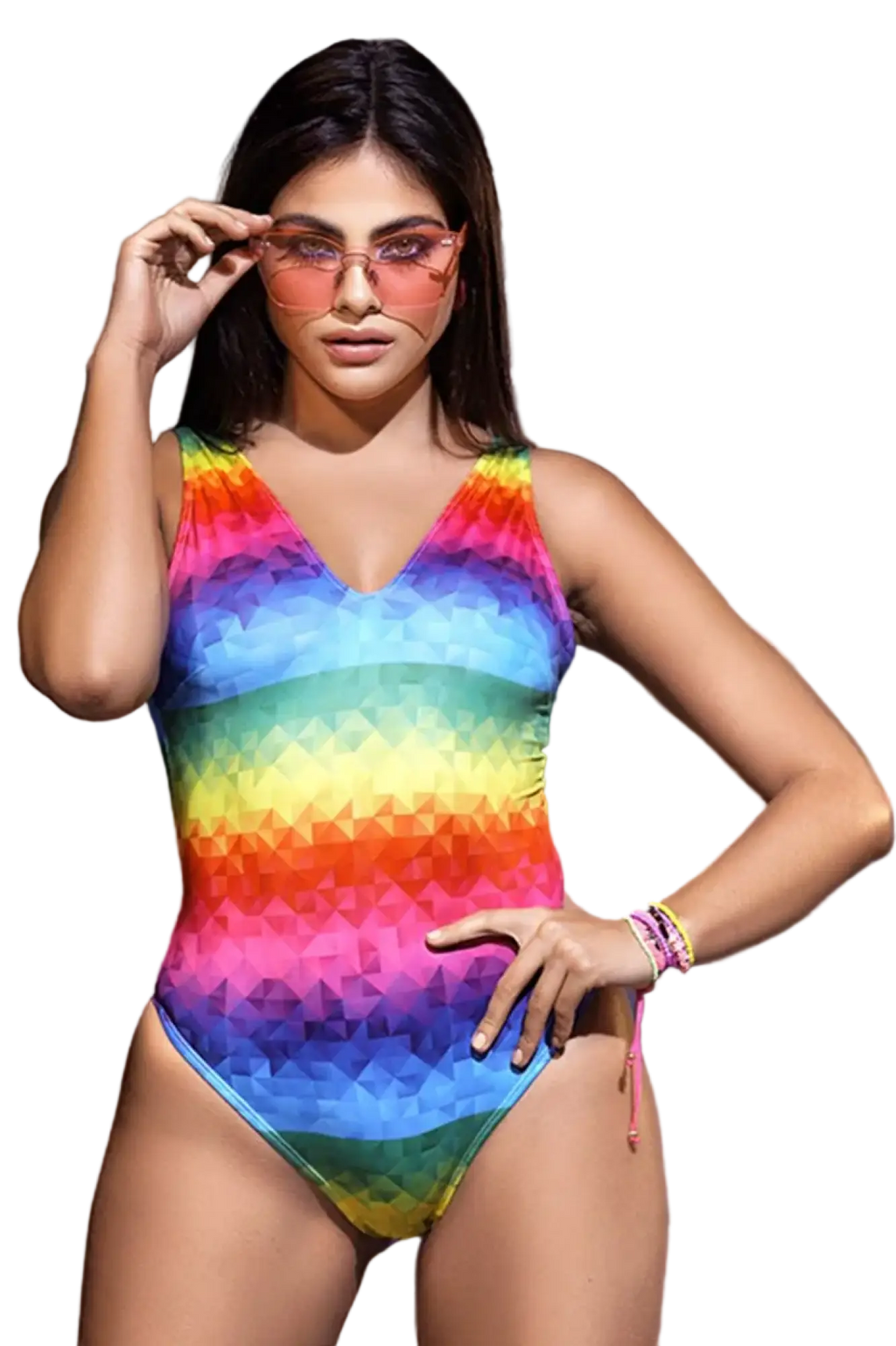 A vibrant rainbow-colored one-piece Mapale 2692 bodysuit with a geometric pixelated pattern and v-neckline