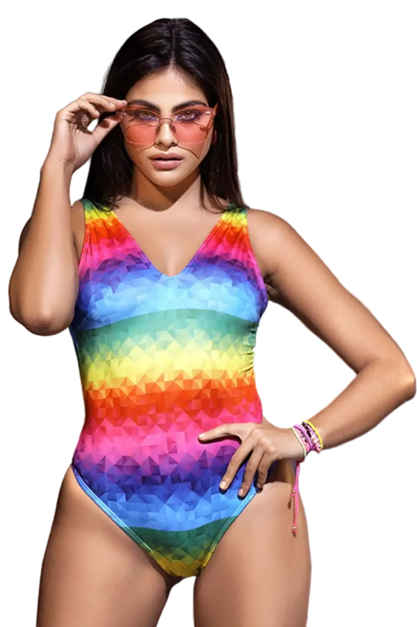 A vibrant rainbow-colored one-piece Mapale 2692 bodysuit with a geometric pixelated pattern and v-neckline
