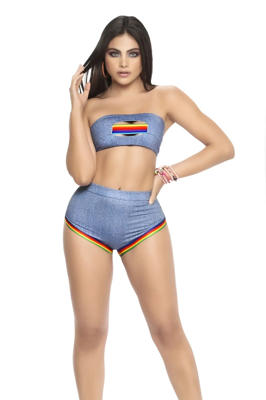 Mapale 2694 two piece set featuring blue chambray strapless denim top and high waisted shorts with rainbow trim