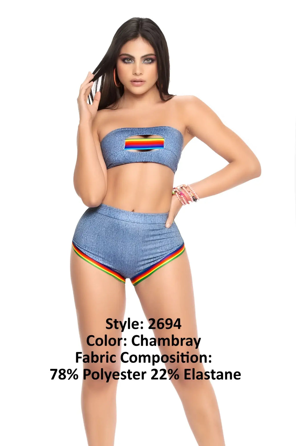 Blue chambray strapless two piece set with rainbow trim featuring a top and high waisted shorts by Mapale