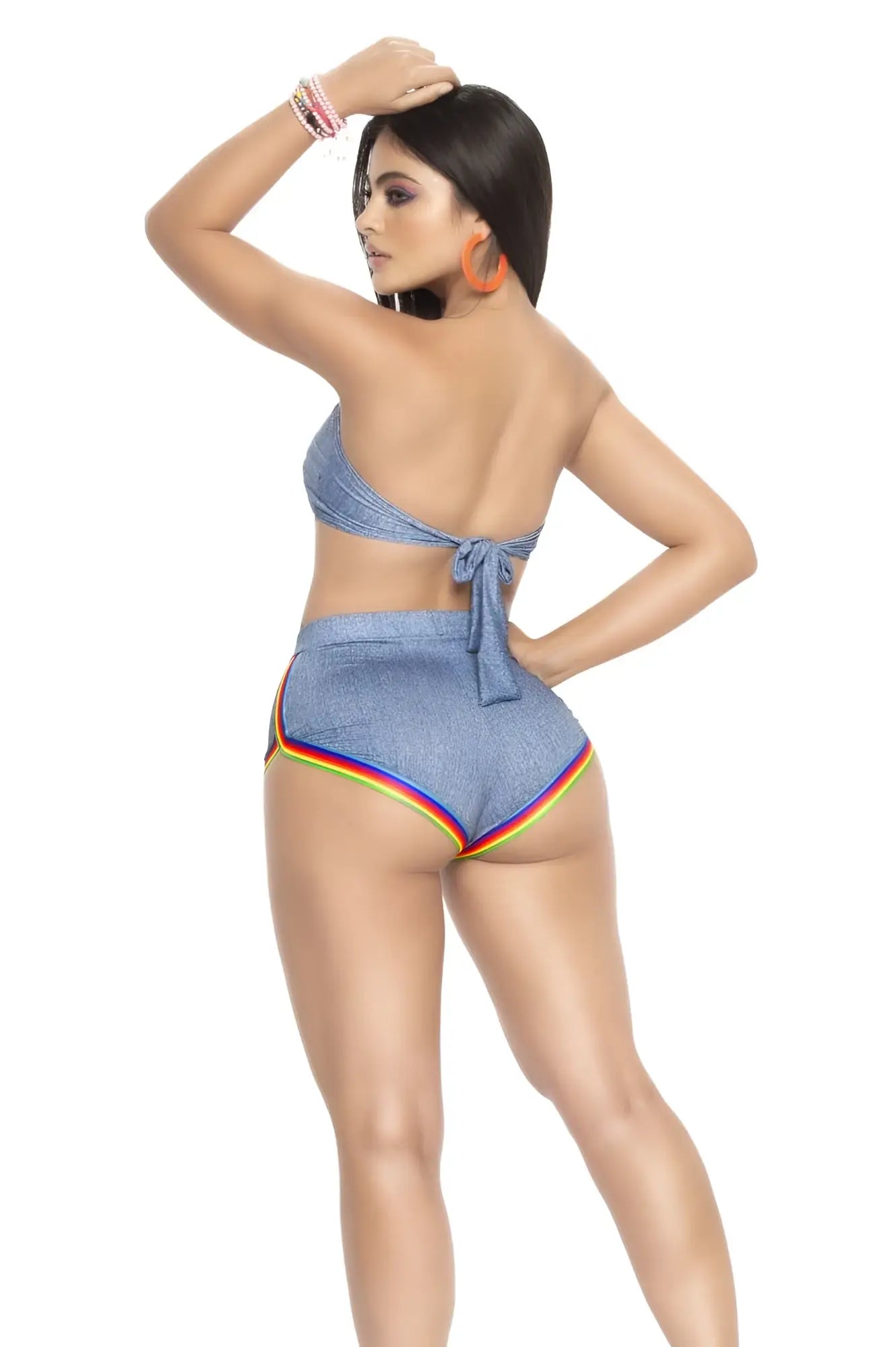 Denim two-piece swimwear set with rainbow trim in chambray color by Mapale ideal for beachwear