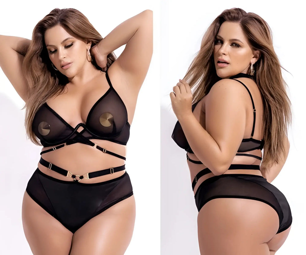 Mapale 2696x two piece black sheer lingerie set with gold toned circular accents and adjustable straps