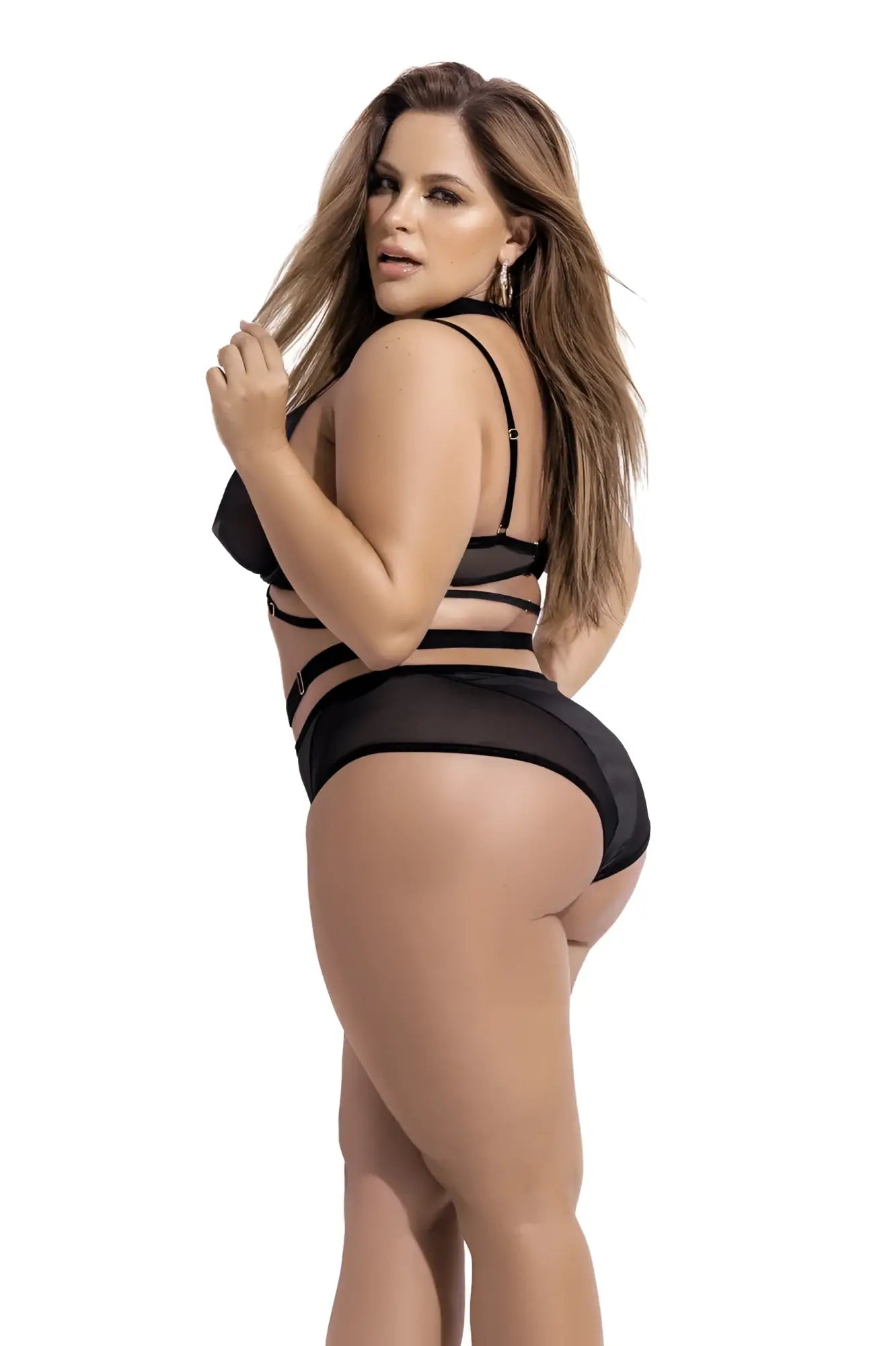Black sheer mesh lingerie set with thin straps and high-waisted design by Mapale 2696X two piece set color black