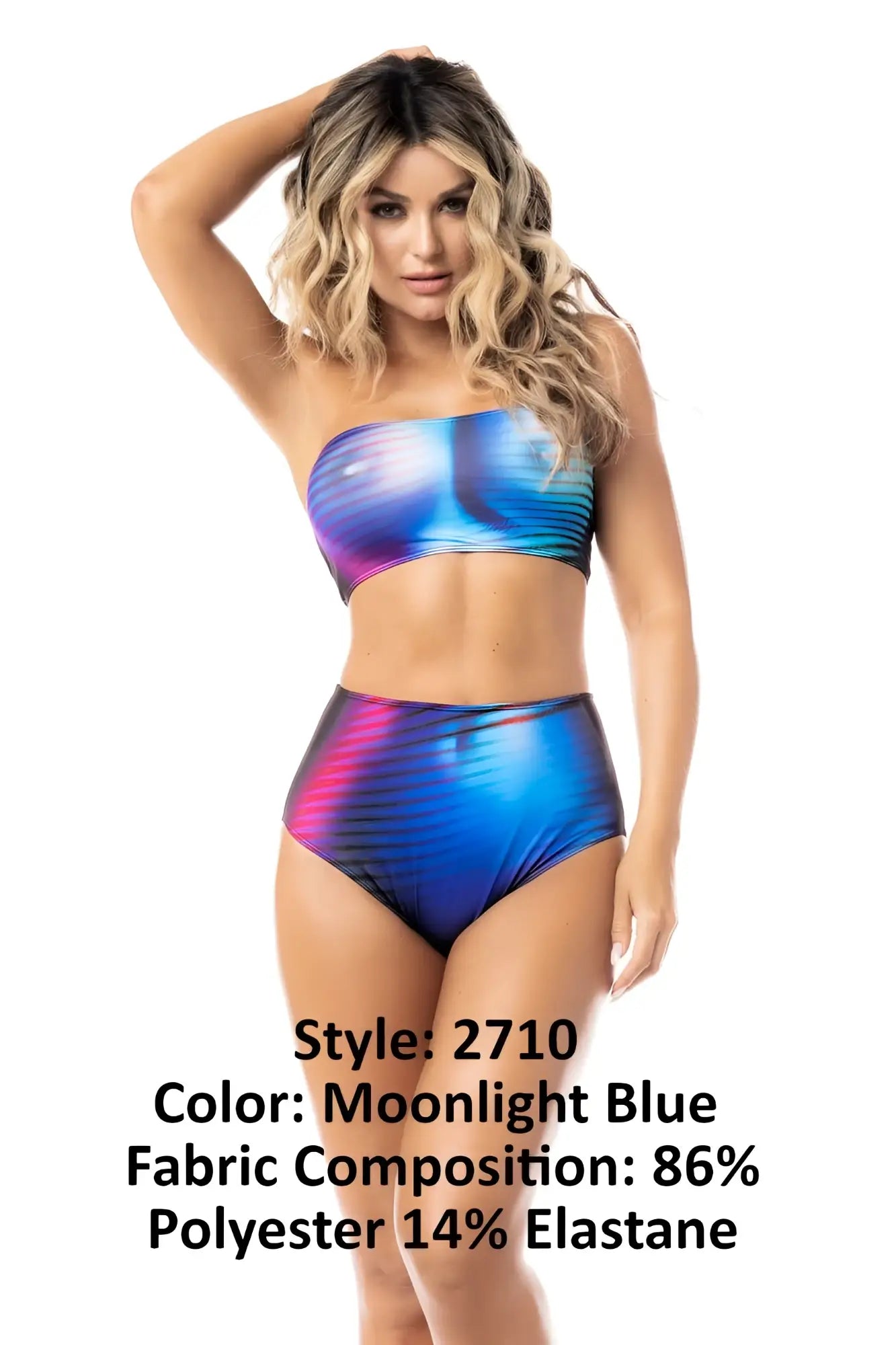 Mapale 2710 two piece moonlight blue strapless bikini set with shimmering iridescent blue and purple gradient fabric